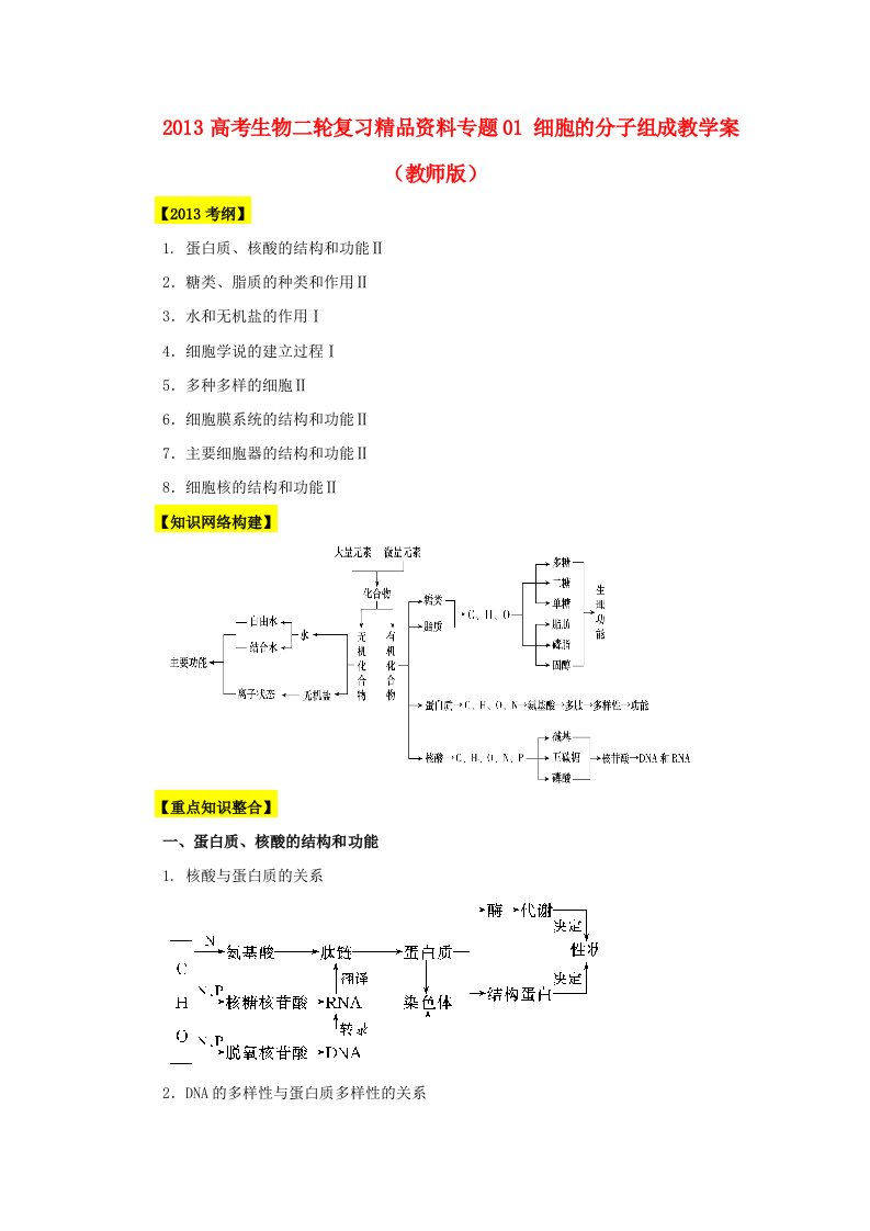 高考生物二轮复习精品资料专题01细胞的分子组成教学案