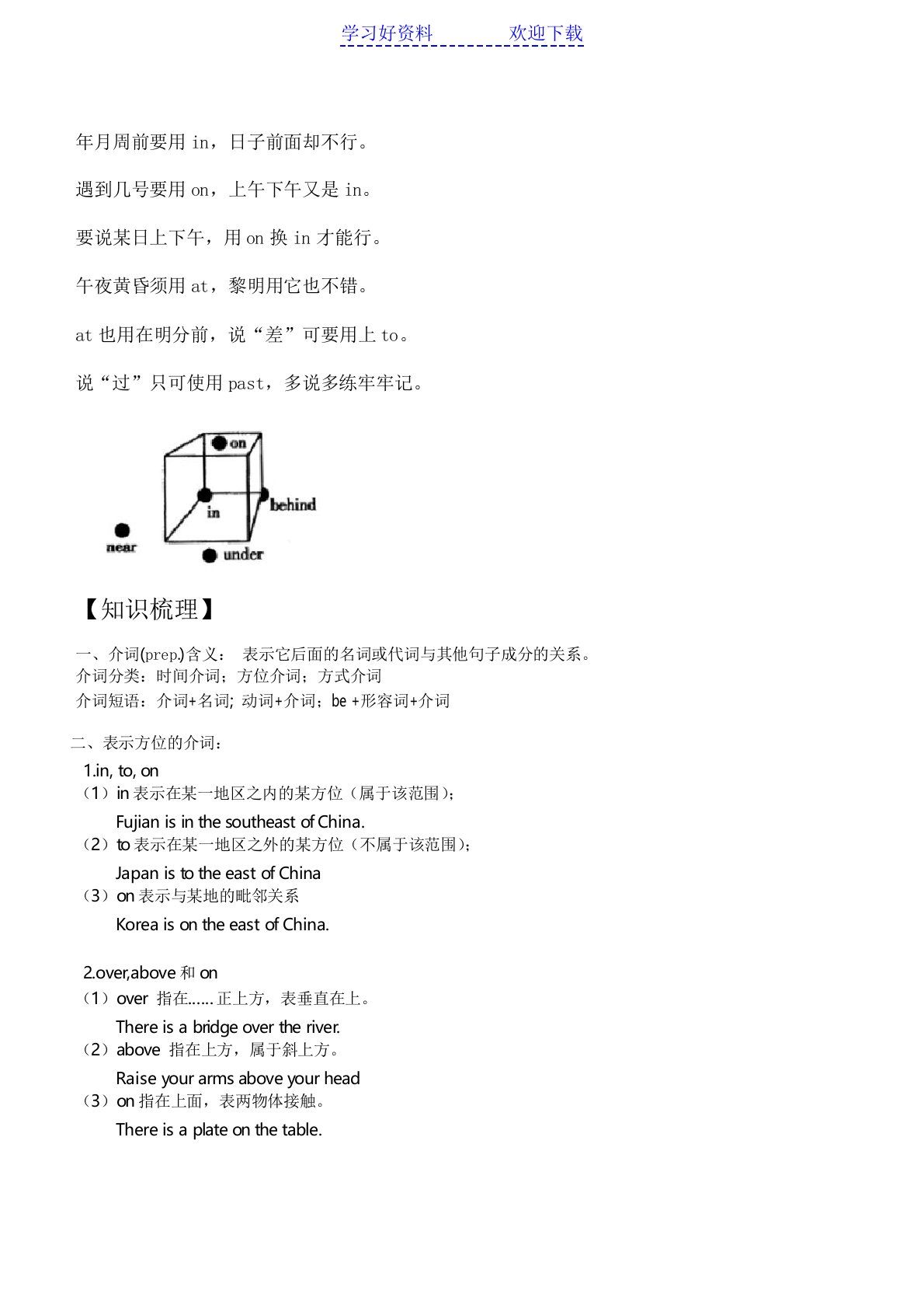 方位介词---附习题及参考答案