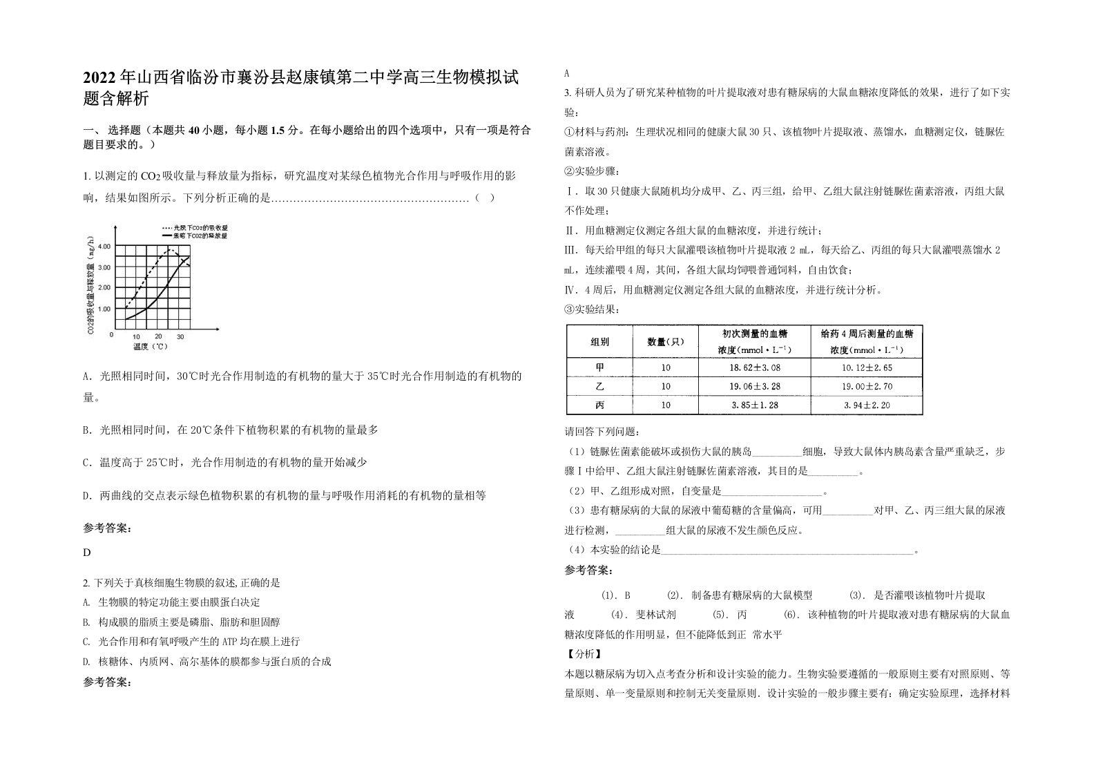 2022年山西省临汾市襄汾县赵康镇第二中学高三生物模拟试题含解析