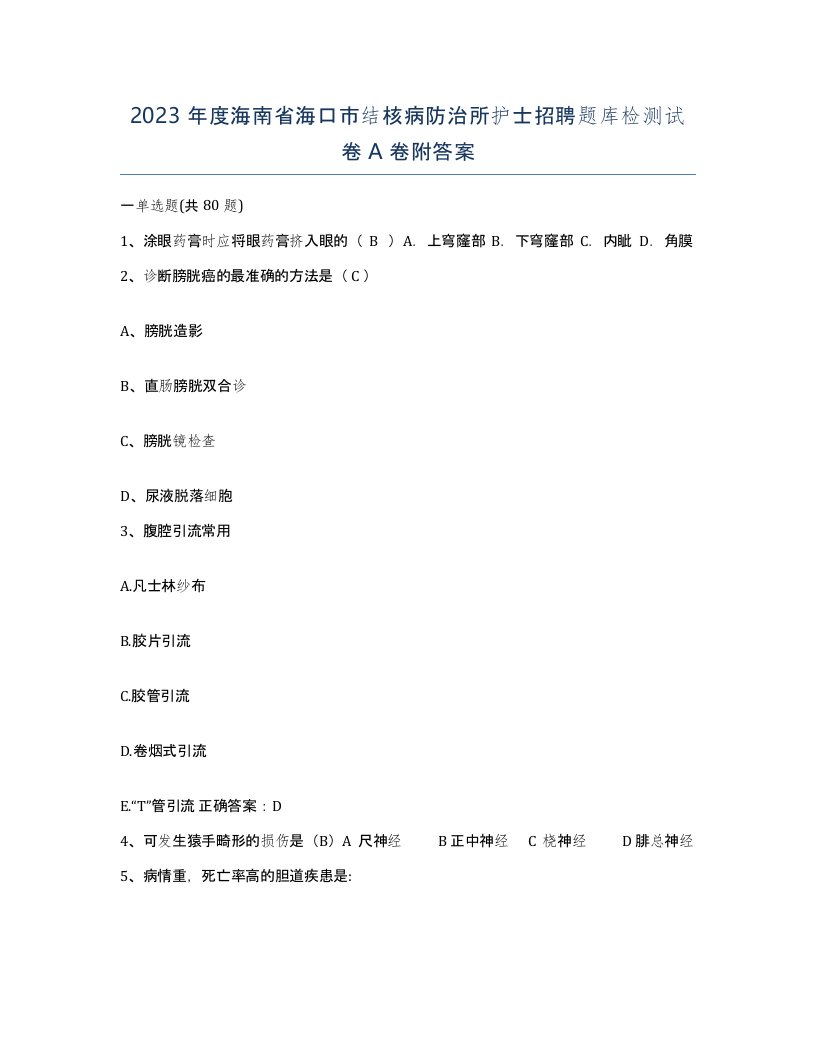 2023年度海南省海口市结核病防治所护士招聘题库检测试卷A卷附答案