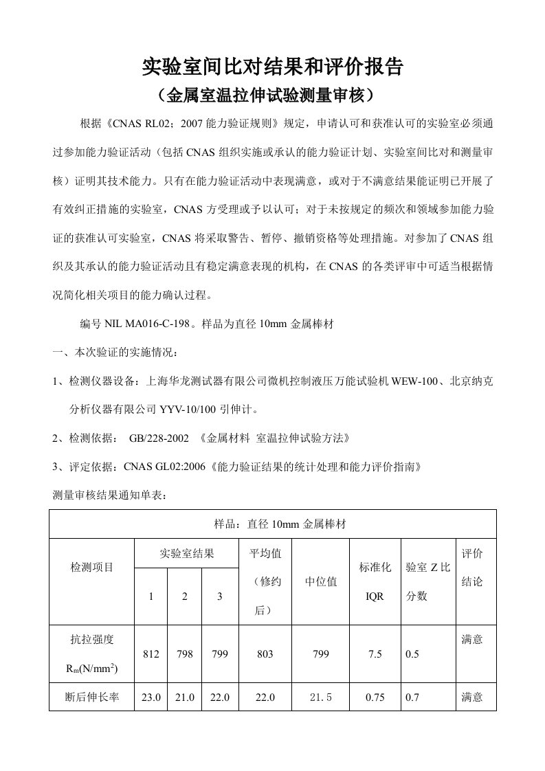 金属拉伸试验测量审核分析报告(供参考)