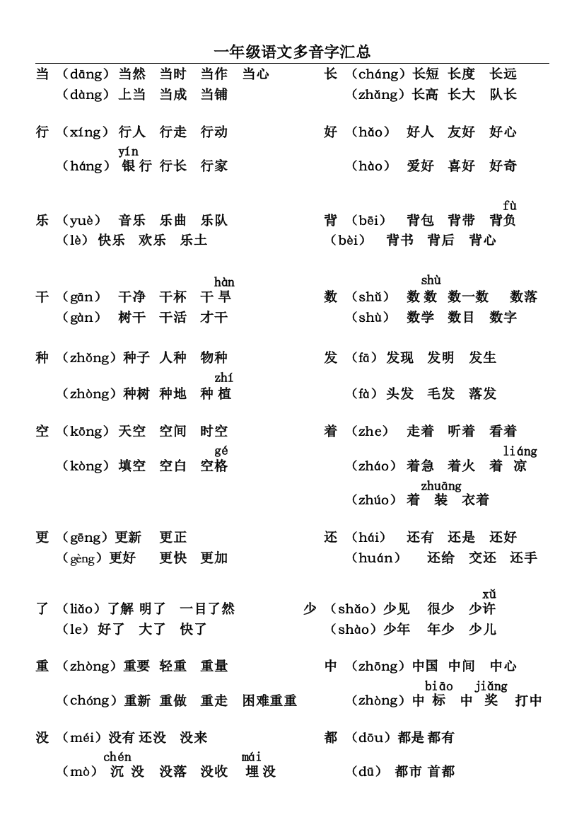 一年级语文多音字汇总