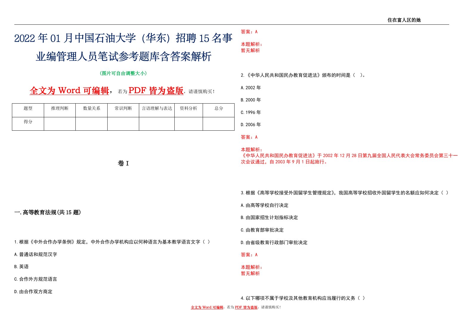 2022年01月中国石油大学（华东）招聘15名事业编管理人员笔试参考题库含答案解析