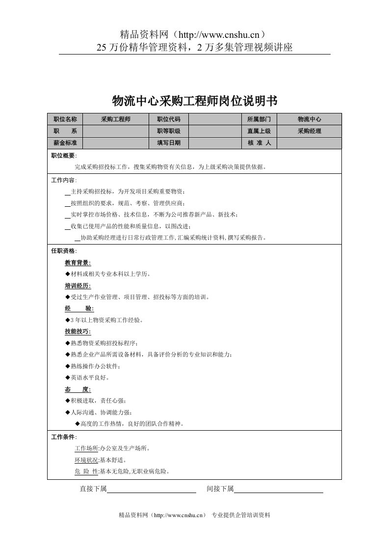 物流中心采购工程师岗位说明书