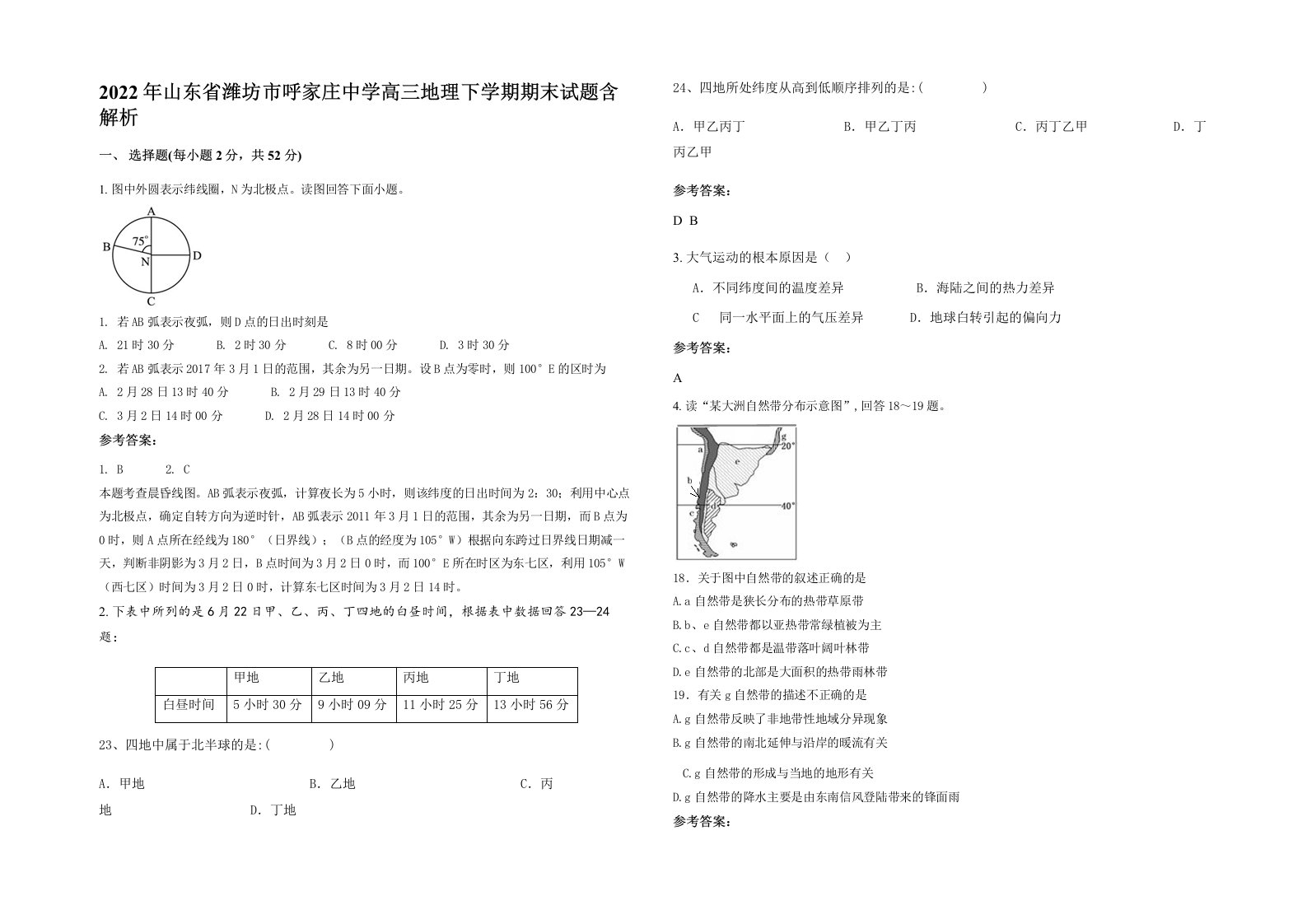 2022年山东省潍坊市呼家庄中学高三地理下学期期末试题含解析