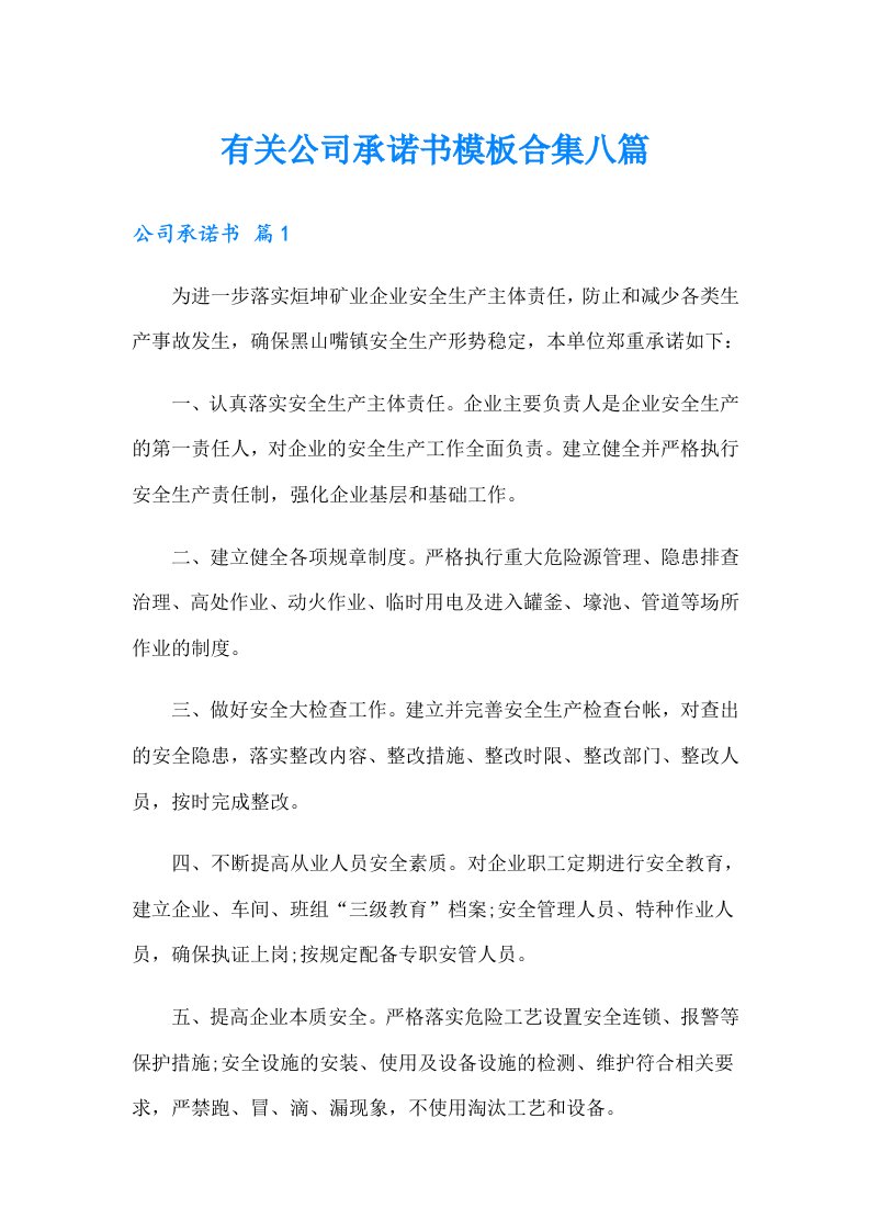 有关公司承诺书模板合集八篇