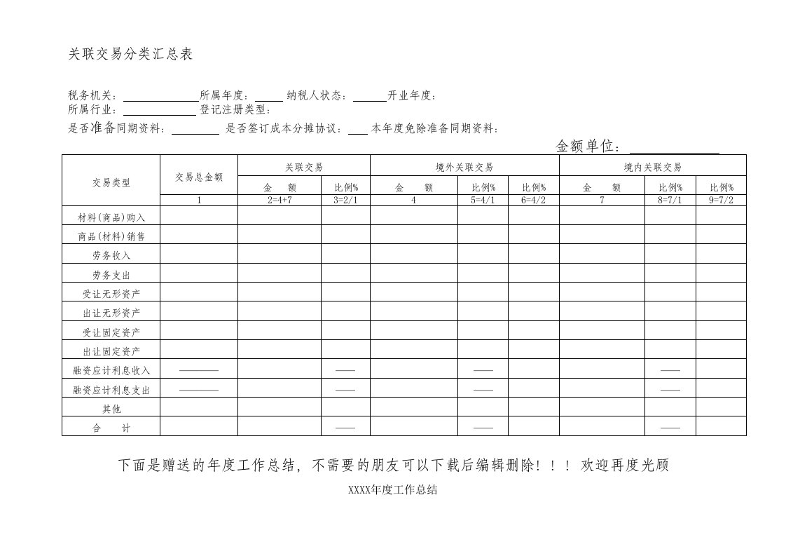 关联业务往来报告表关联交易分类汇总表