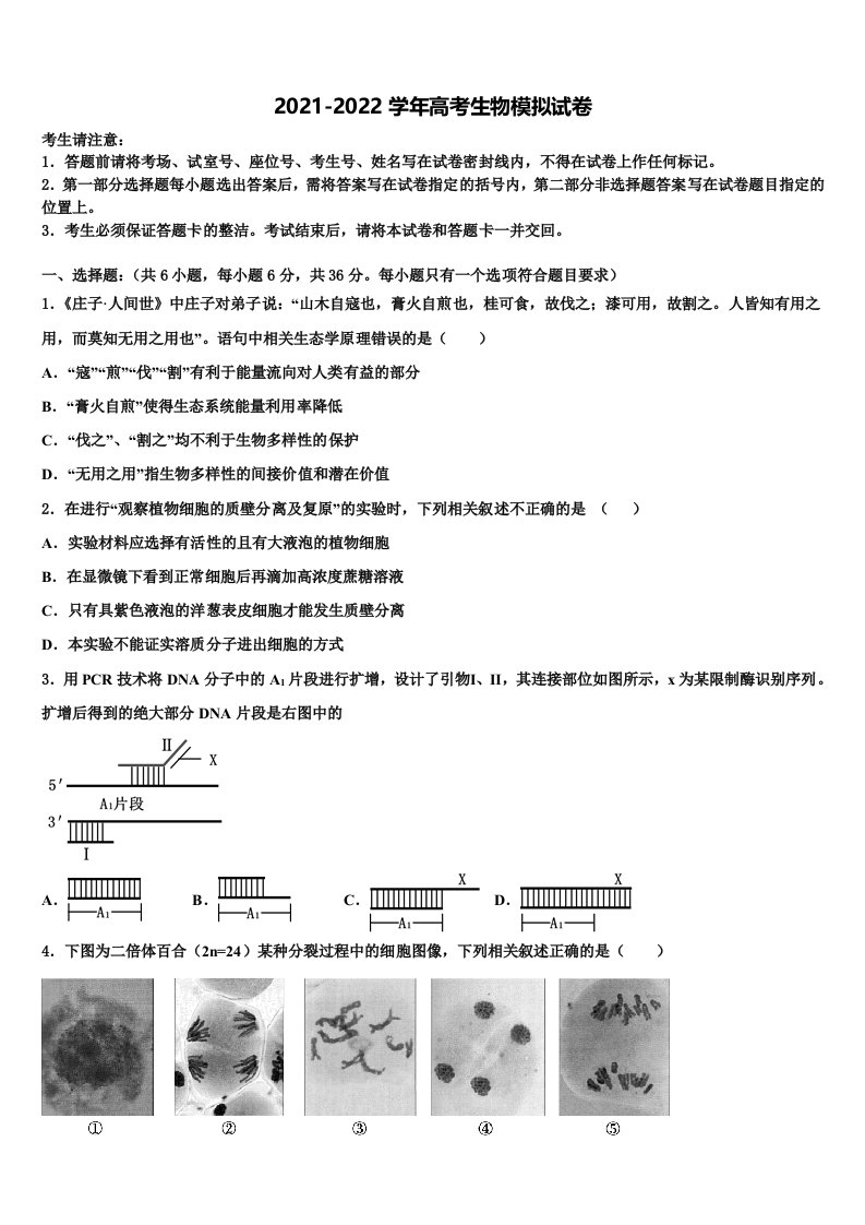 广西南宁市第四中学2021-2022学年高三下学期第五次调研考试生物试题含解析