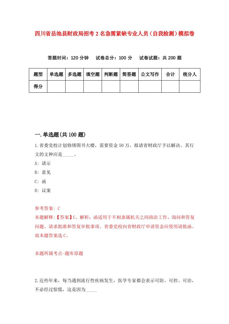 四川省岳池县财政局招考2名急需紧缺专业人员自我检测模拟卷第4版