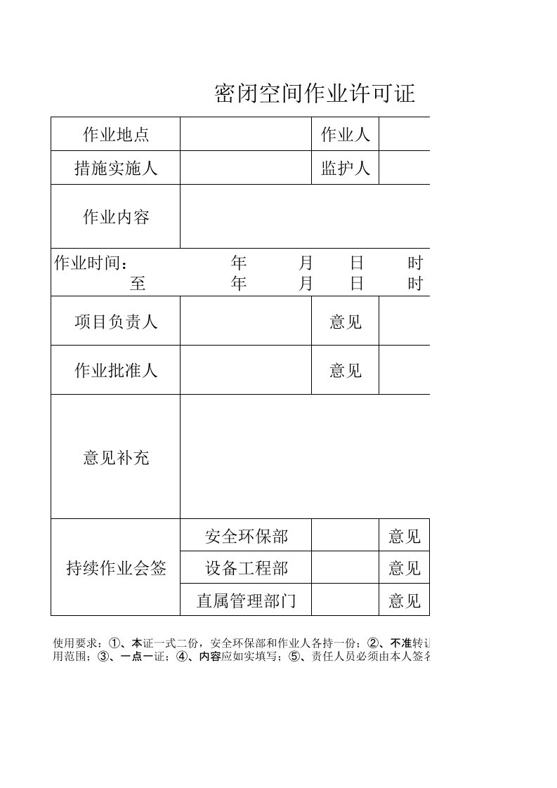 密闭空间作业许可证（精选）