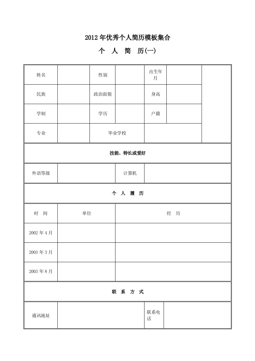 XXXX年各行业个人简历模板集合