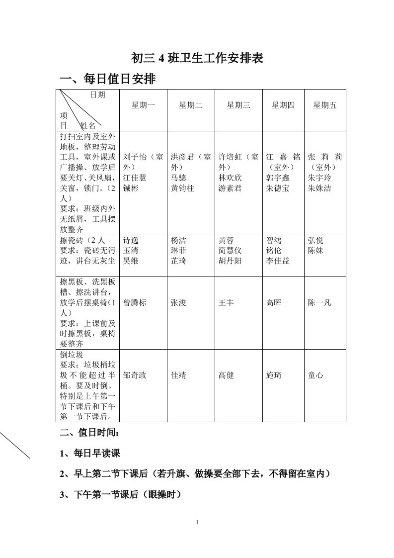 初三4班卫生工作安排表