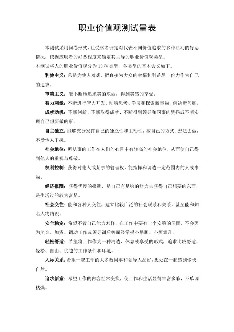 职业价值观测试量表（可用）