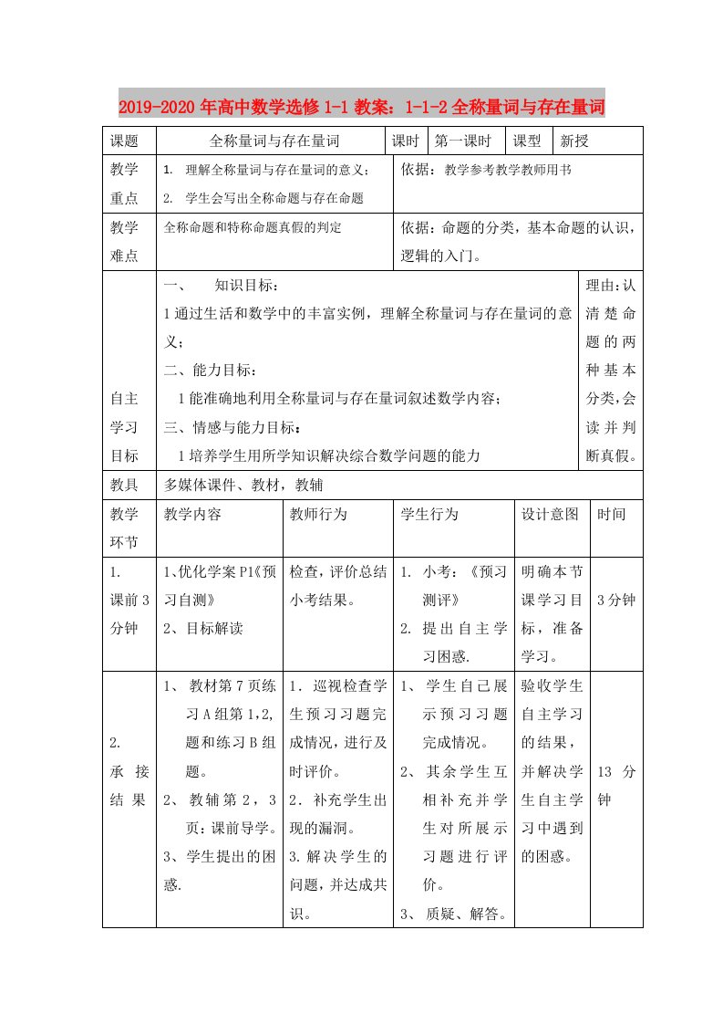 2019-2020年高中数学选修1-1教案：1-1-2全称量词与存在量词