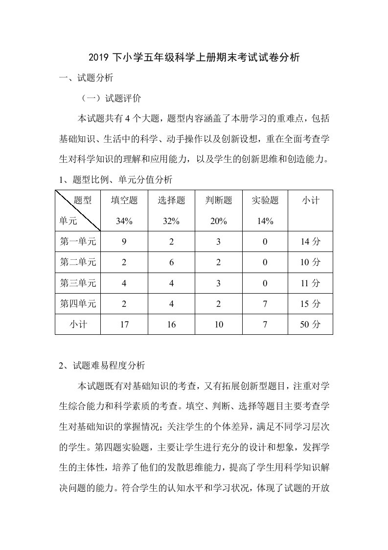 2019下小学五年级科学上册期末考试试卷分析