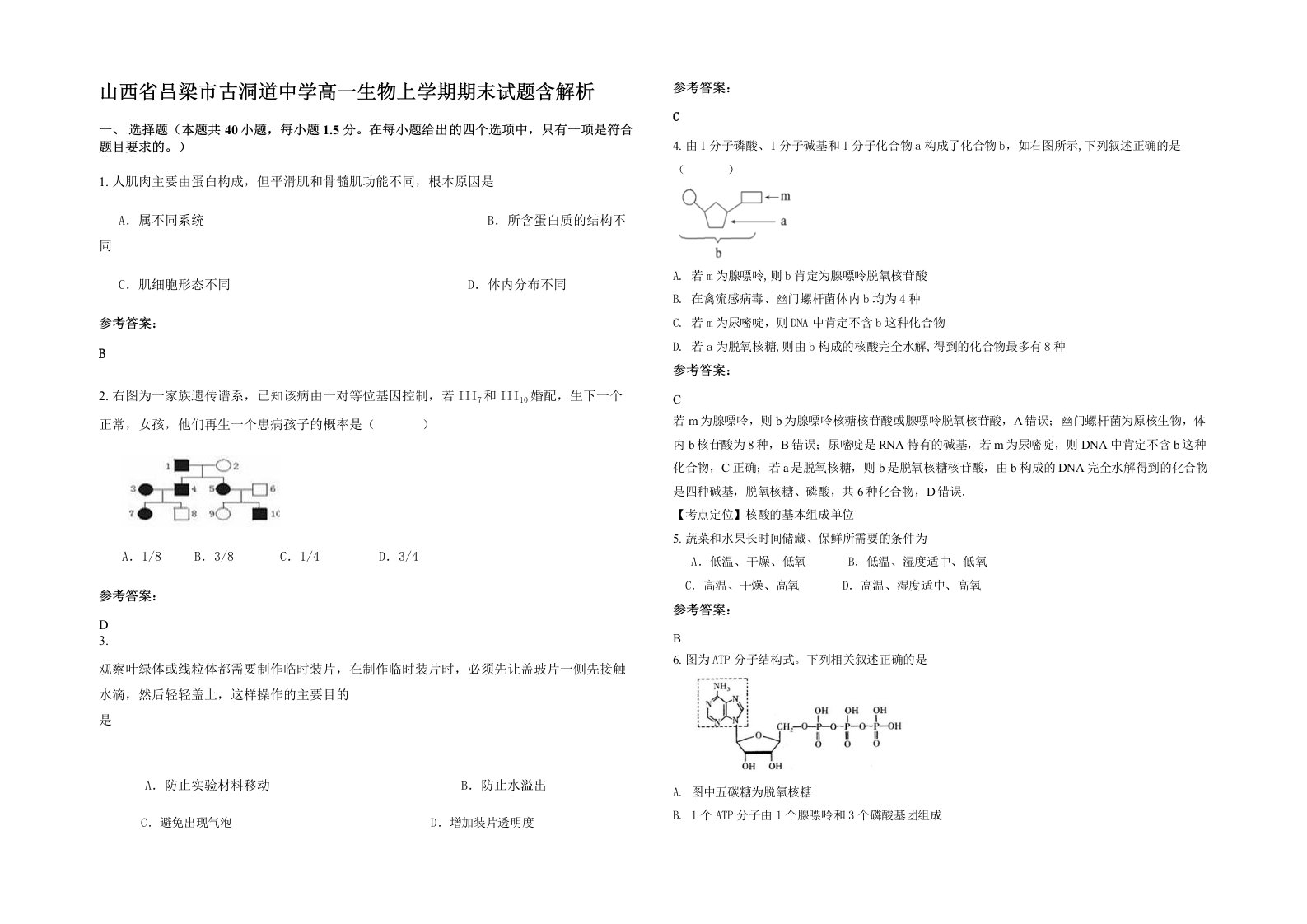 山西省吕梁市古洞道中学高一生物上学期期末试题含解析