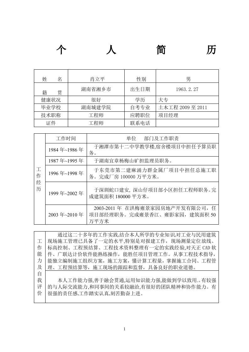 简历项目经理