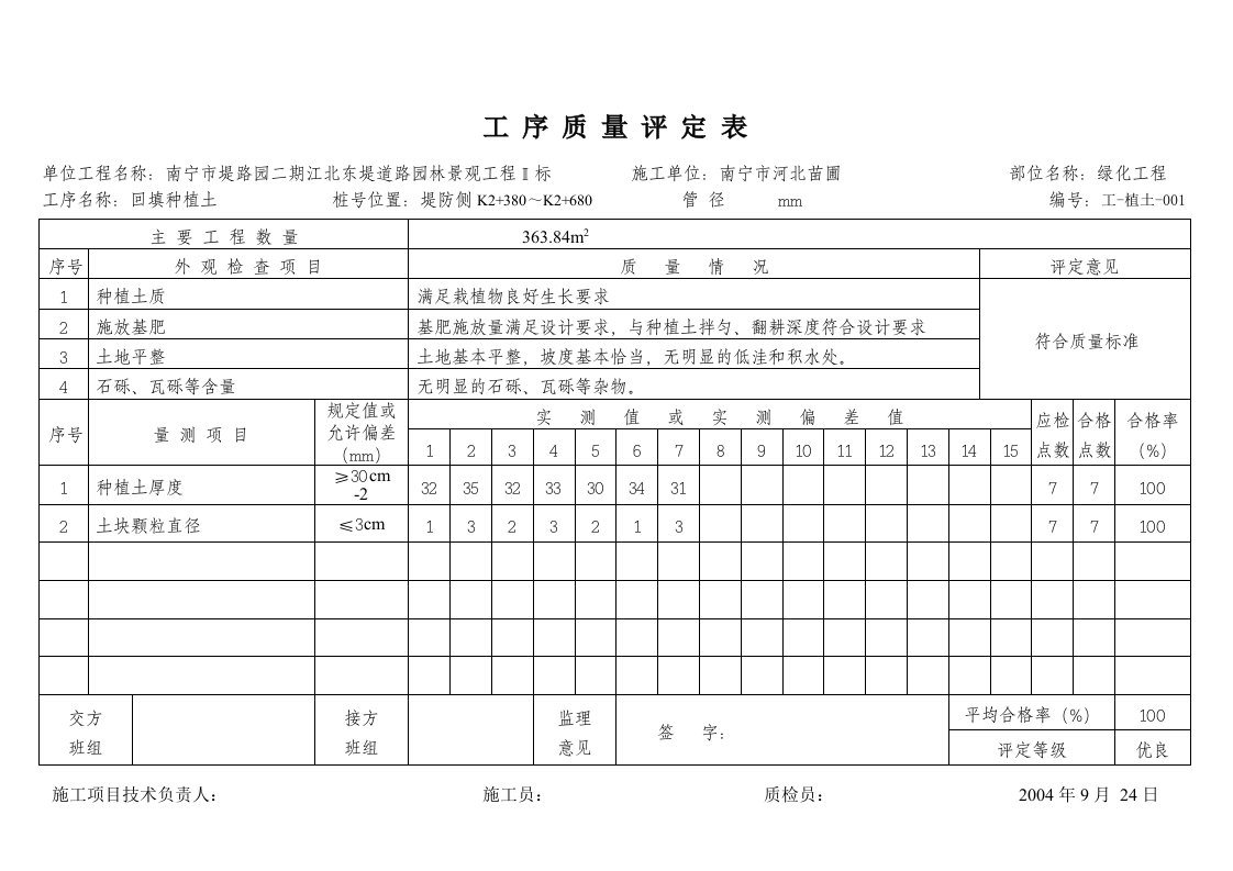 回填种植土工序质量评定表