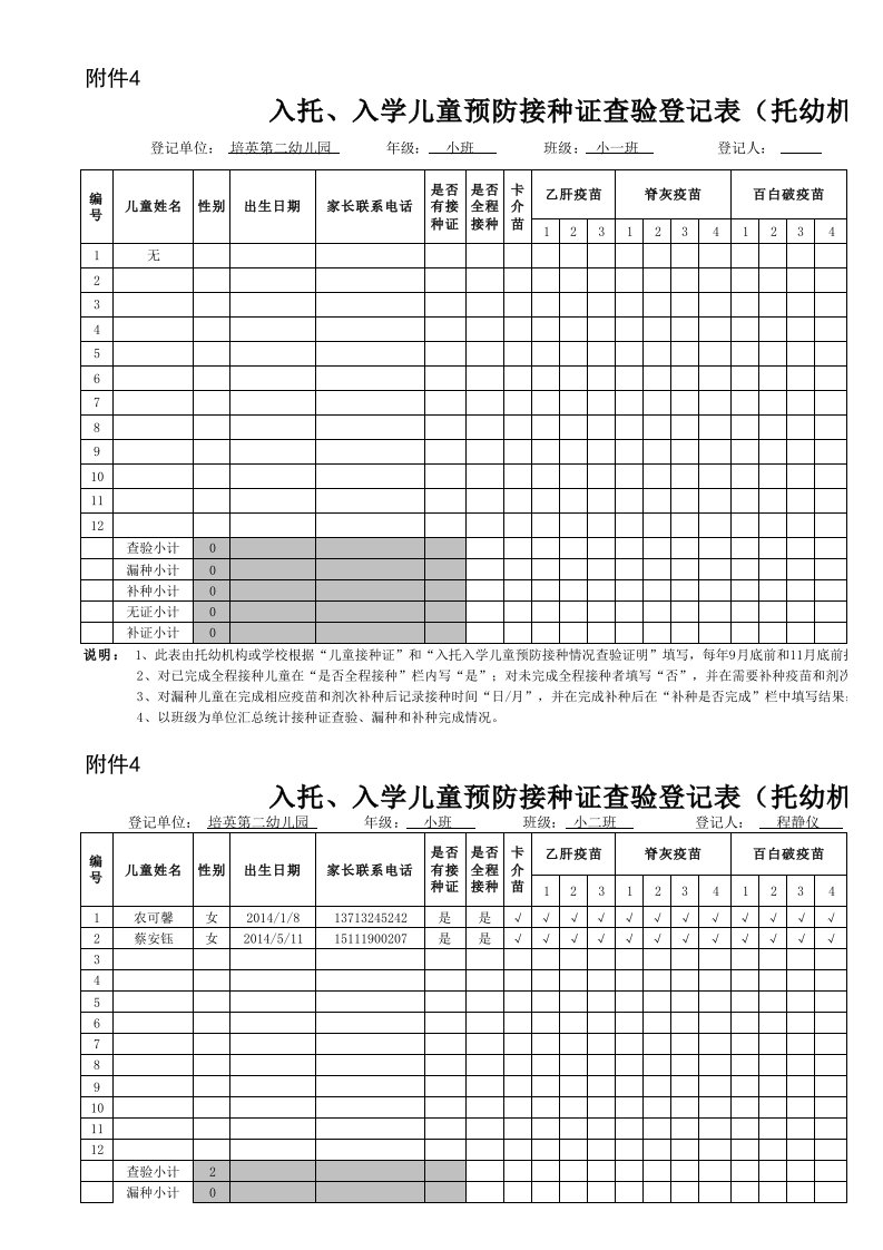 入托、入学儿童预防接种证查验登记表（托幼机构和学校用）