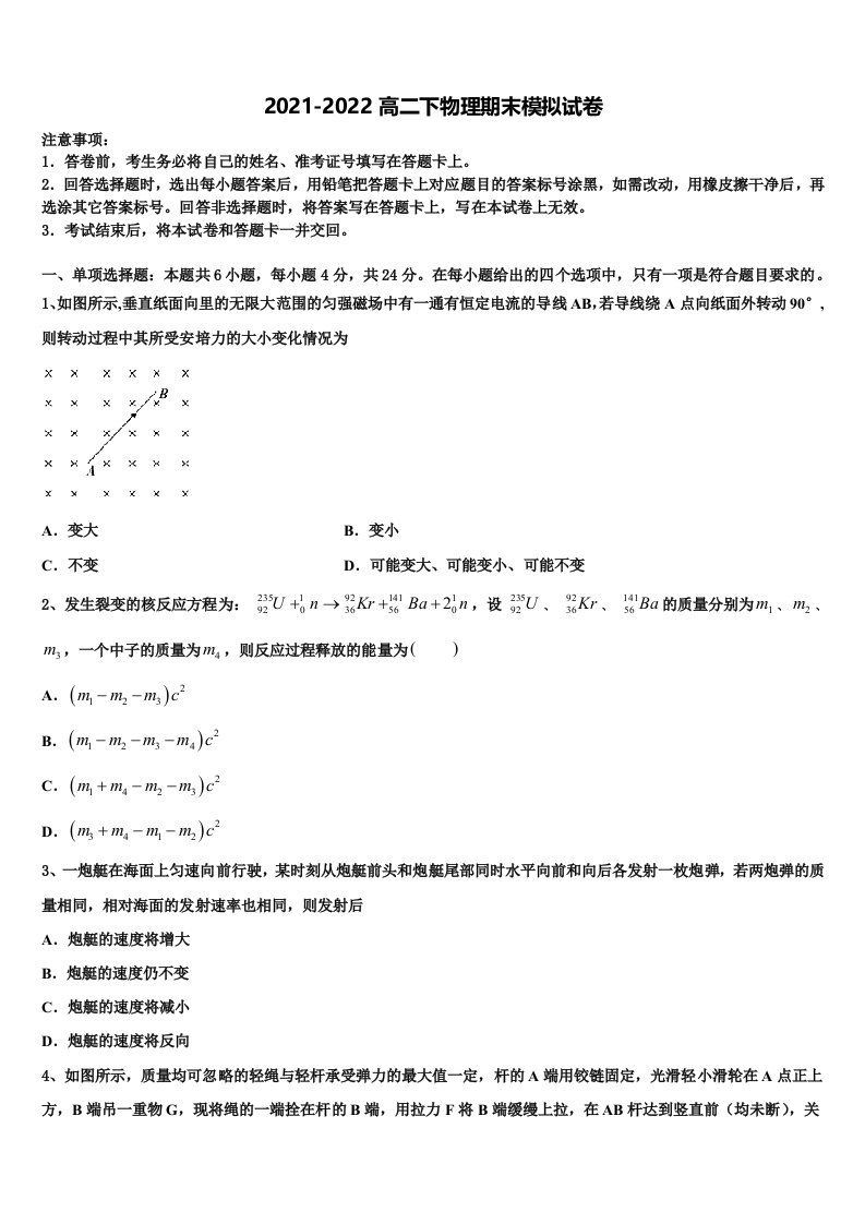 2022年北京市朝阳区力迈国际学校物理高二第二学期期末统考试题含解析