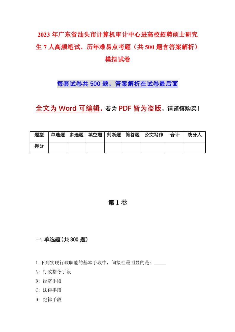 2023年广东省汕头市计算机审计中心进高校招聘硕士研究生7人高频笔试历年难易点考题共500题含答案解析模拟试卷