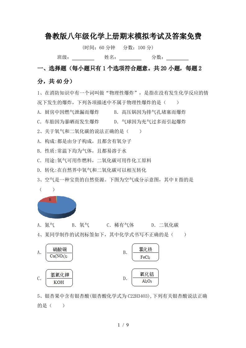 鲁教版八年级化学上册期末模拟考试及答案免费