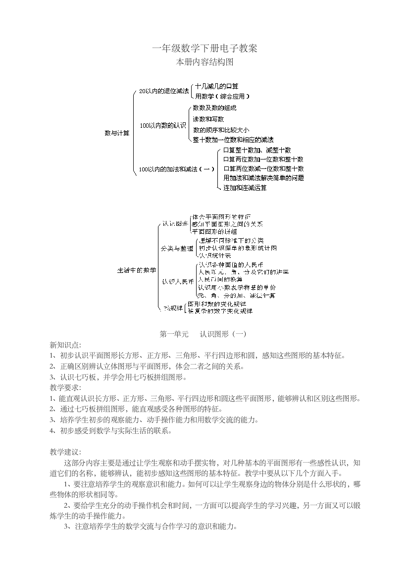 人教版一年级数学下册表格式教案(完整版)