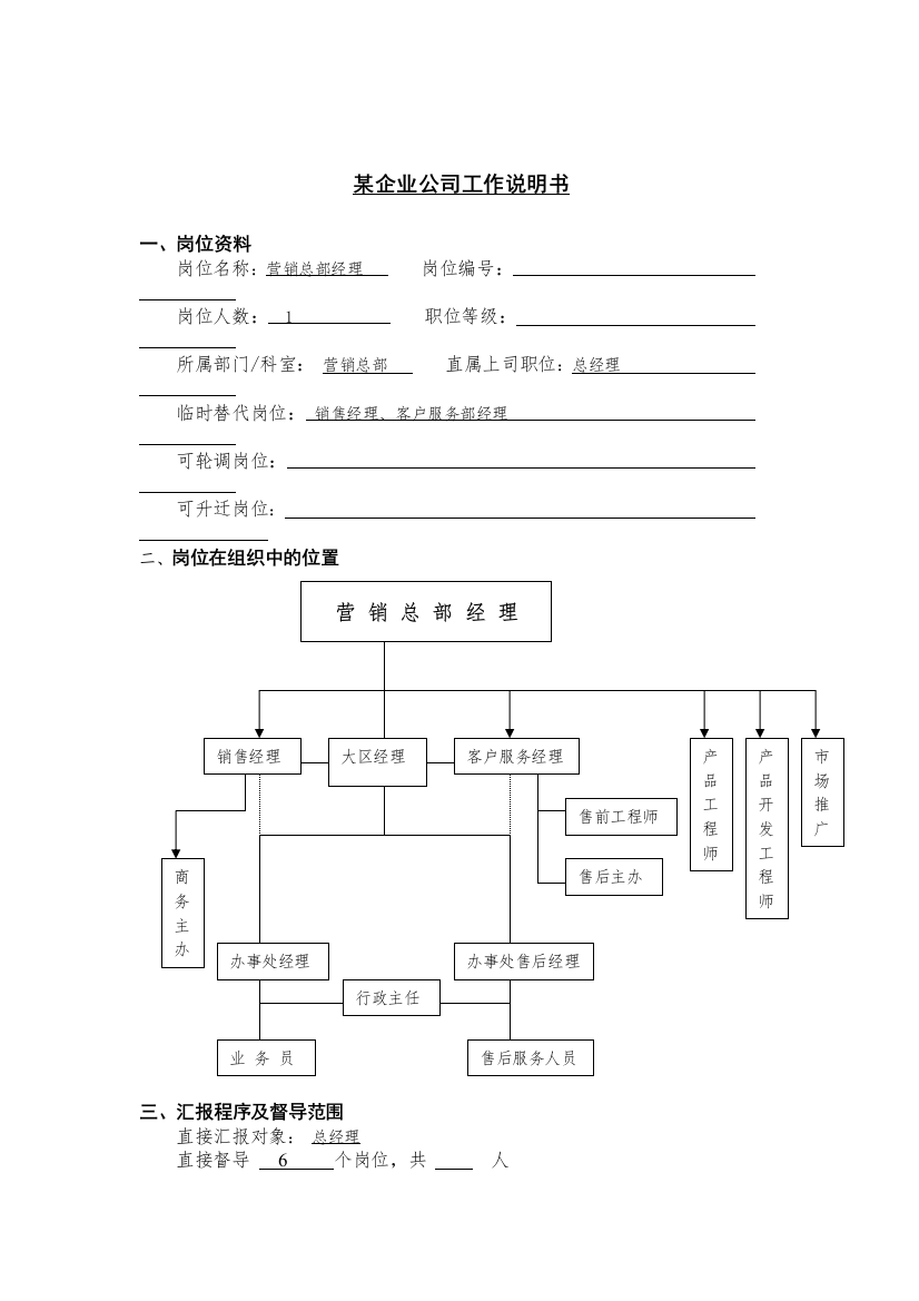 【职位描述】工作说明书－营销总部经理