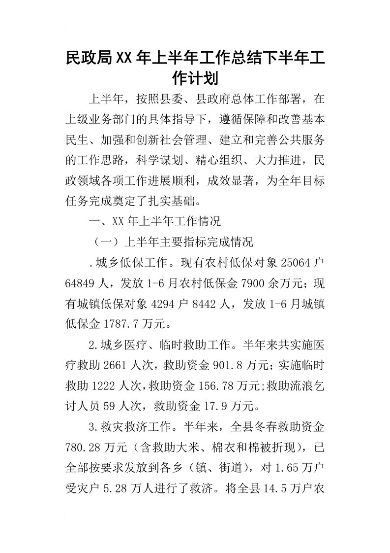 民政局某年上半年工作总结下半年工作计划