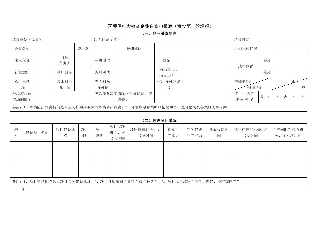 环境保护大检查企业自查申报表