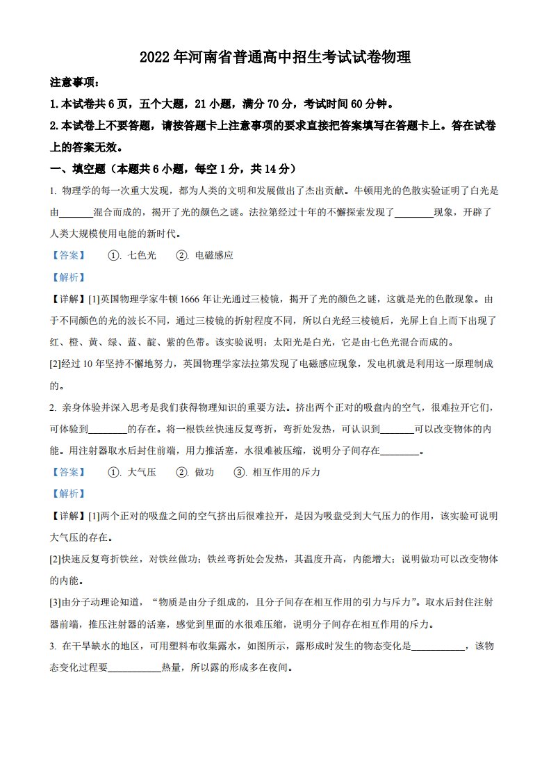 2022年河南省中考物理试题（解析）