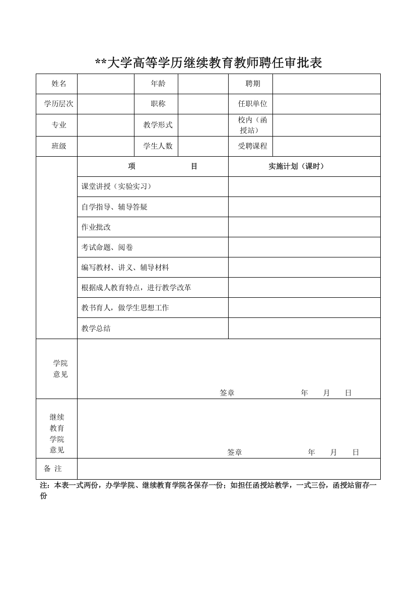 大学高等学历继续教育教师聘任审批表