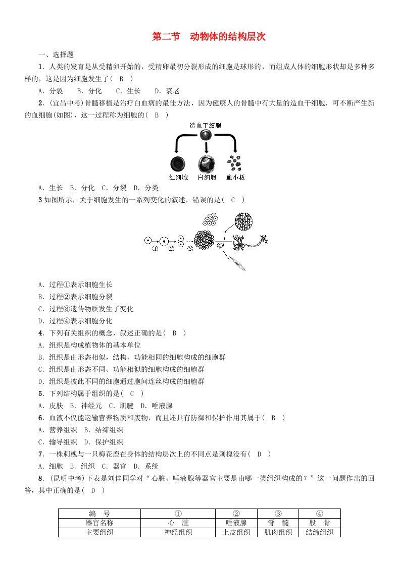 贵阳专版2022年中考生物总复习第2节动物体的结构层次精练