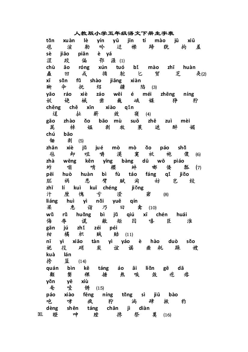 (完整版)人教版小学五年级语文下册生字表(带拼音)