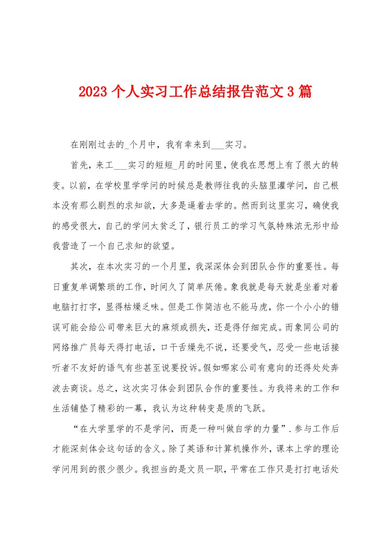 2023年个人实习工作总结报告范文