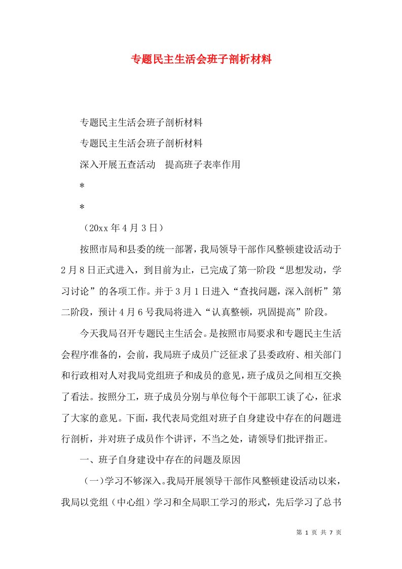 专题民主生活会班子剖析材料