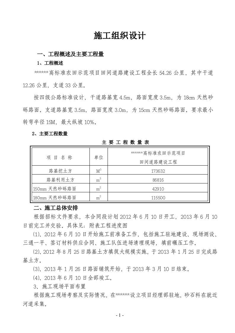 高标准农田示范项目田间道路建设工程施工组织设计方案