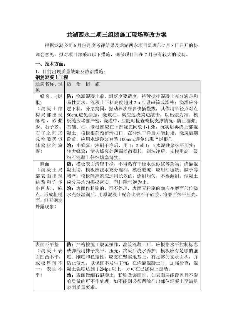 龙湖西永项目部施工现场整改方案