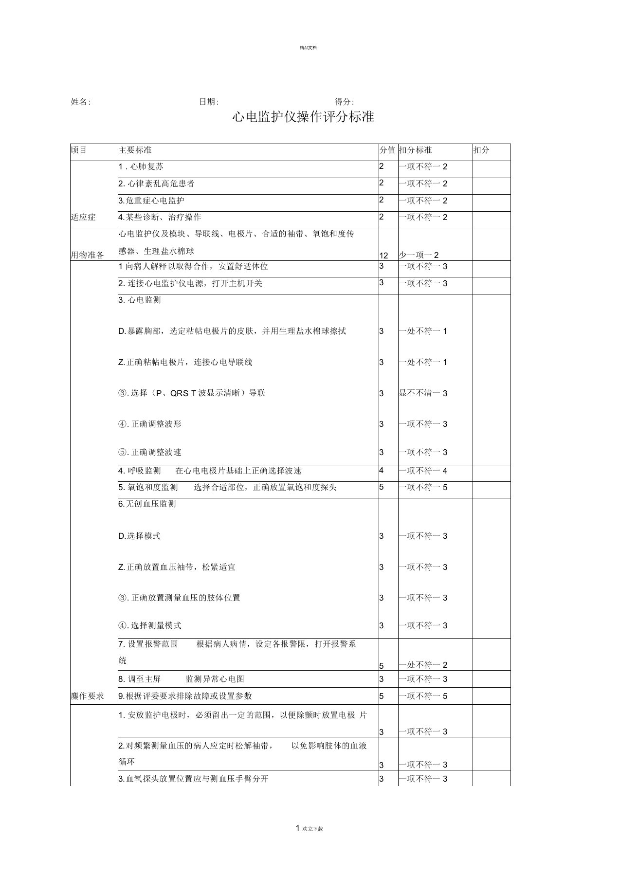 心电监护仪操作评分标准