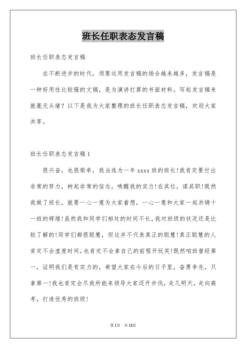 班长任职表态发言稿例文