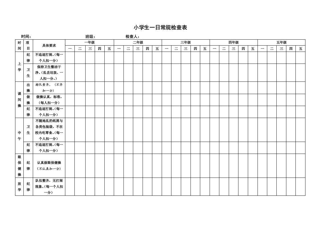 小学小学生一日常规检查表