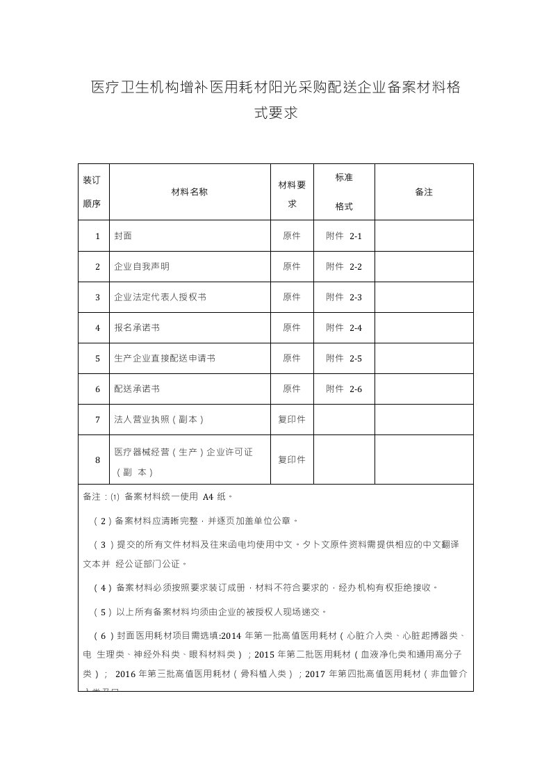 医疗卫生机构增补医用耗材阳光采购配送企业备案材料格式要求