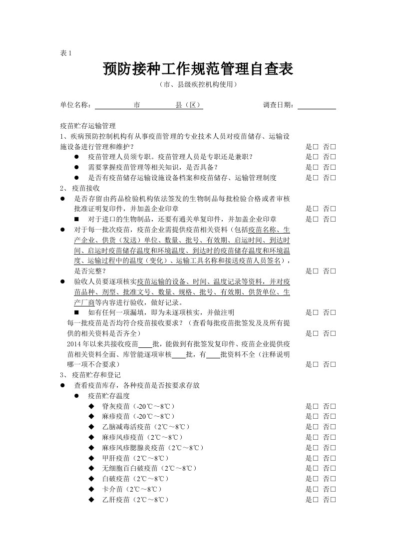 预防接种工作规范管理自查表