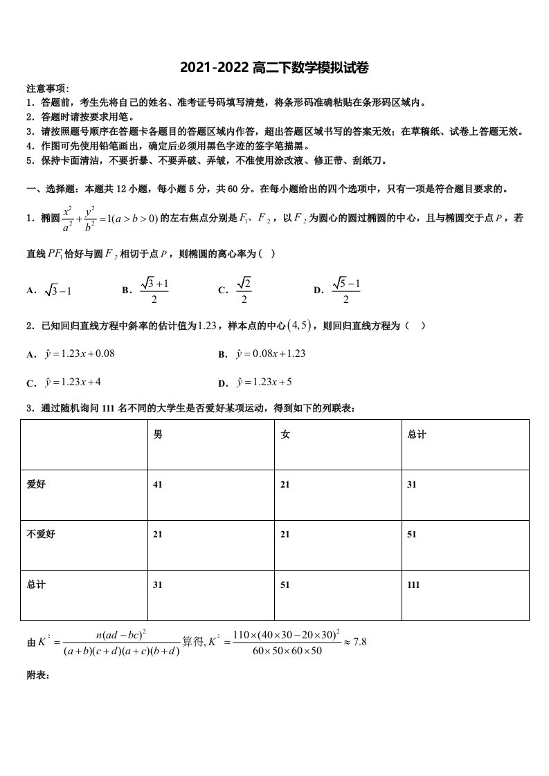 河北省石家庄市行唐启明中学2022年数学高二第二学期期末复习检测模拟试题含解析