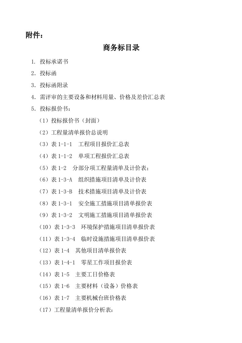 工程建筑工程商务标目录大全