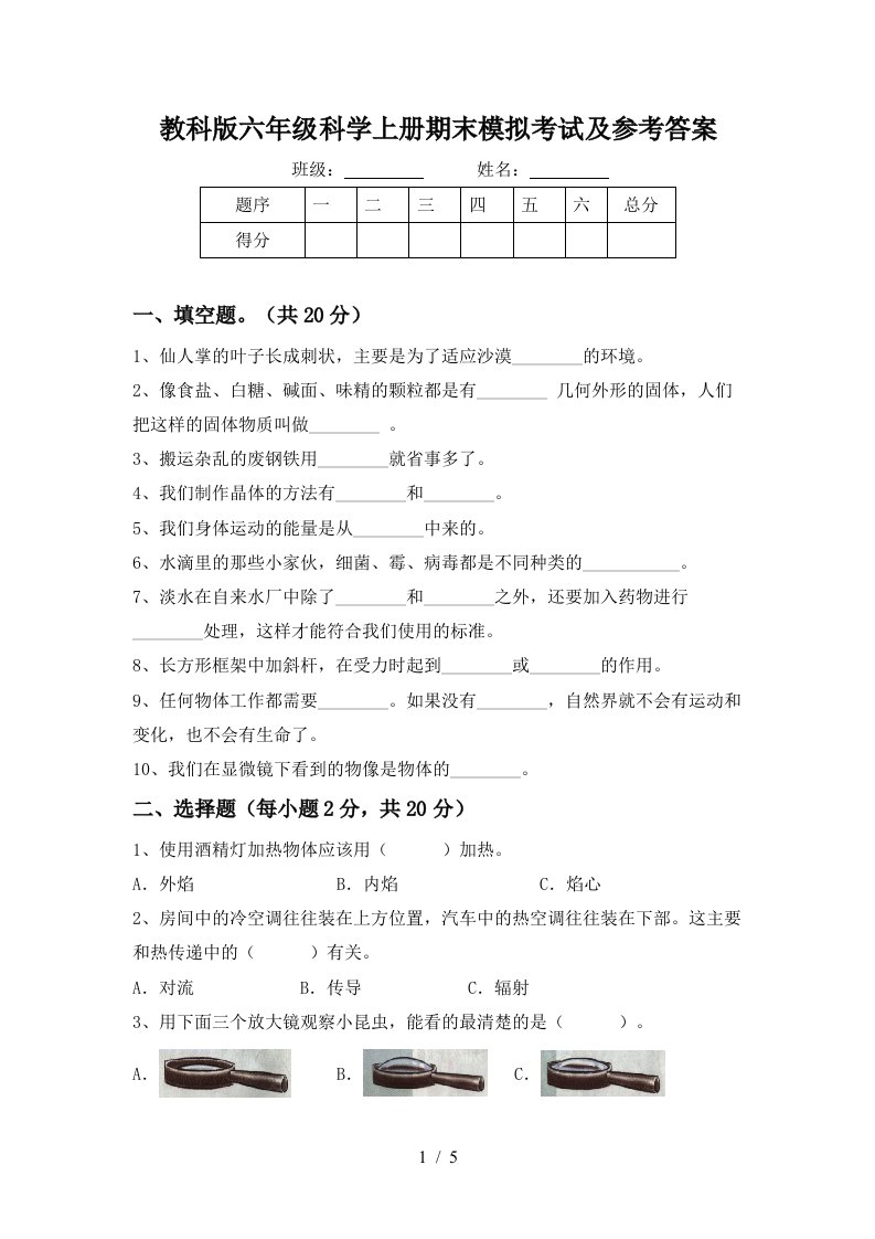 教科版六年级科学上册期末模拟考试及参考答案