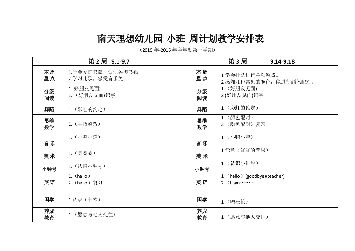 南天幼儿园--小班--周计划教学安排表