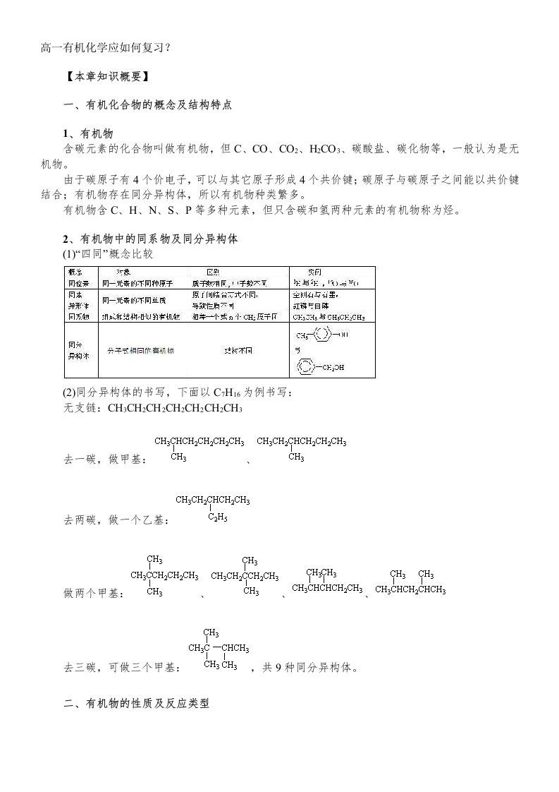 高一有机化学知识点