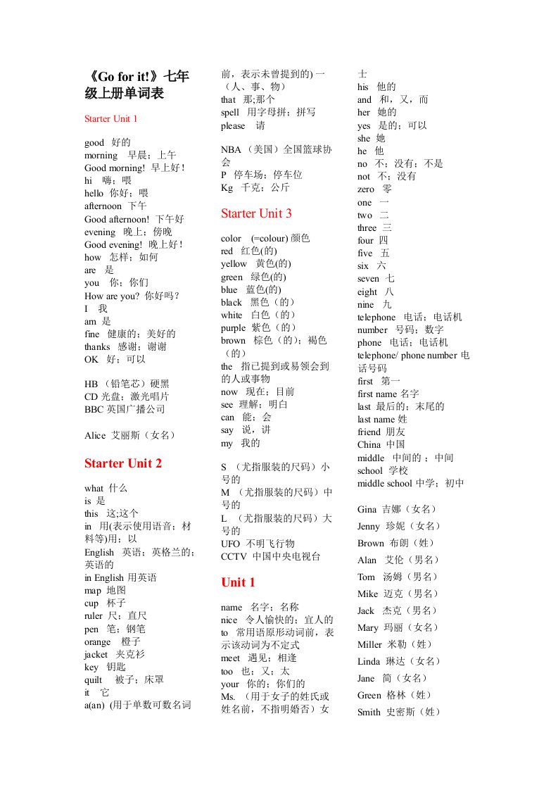 《英语(Goforit)》七年级上册单词表(英译汉)