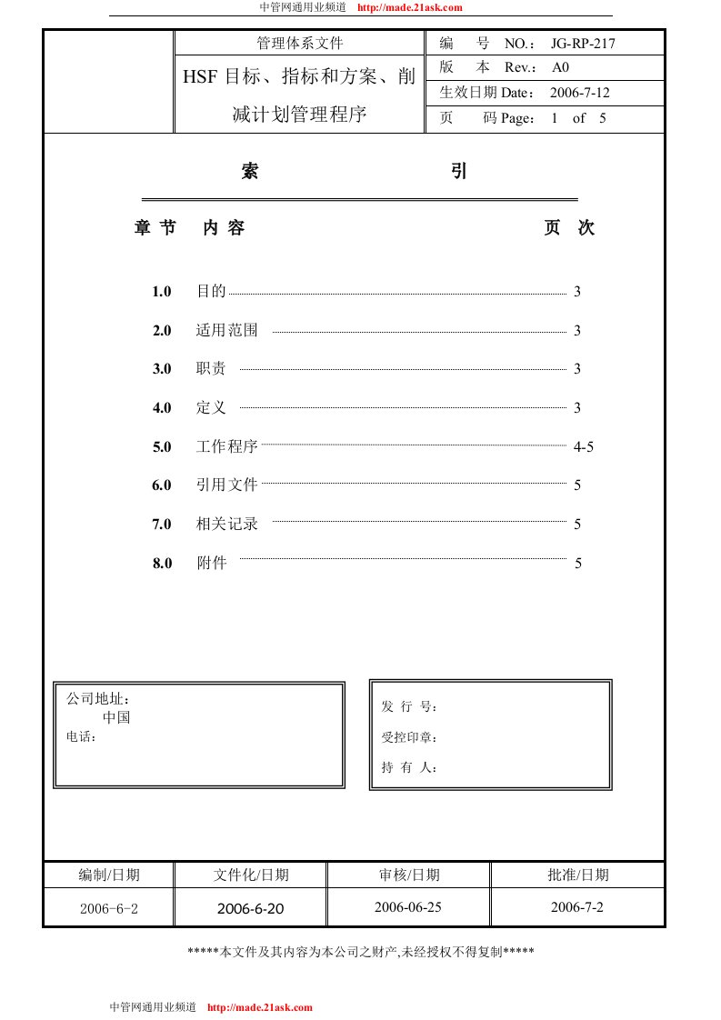 参考HSPM程序文件JG-RP-217RoHS部管目标指标和方案削减计划管理程序-程序文件